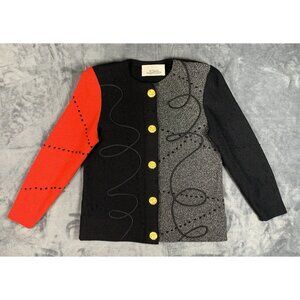 VTG Steve Fabrikant Women's Sweater Jacket Red Black Gray Size L Wool Blend